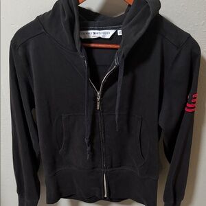 Vintage 2002 Tommy Hilfiger Black Hoodie with Red Detail SZ MD thick waistband
